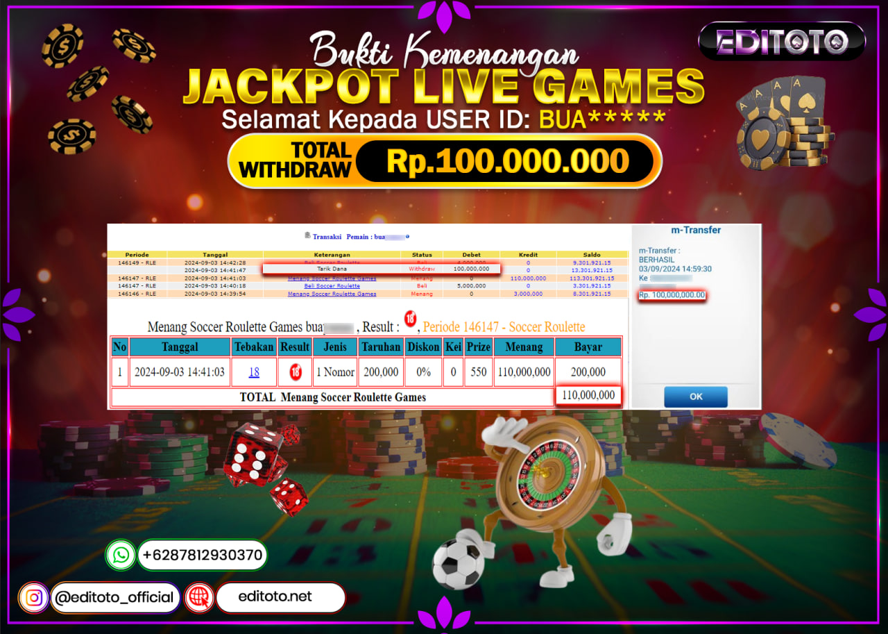 JACKPOT LIVE GAME SOCCER ROULETTE Rp.100.000.000.,- LUNAS