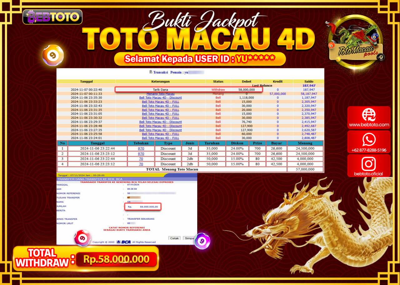 JACKPOT LIVE CASINO BEBTOTO TOTO MACAU Rp.58.000.000.,- LUNAS