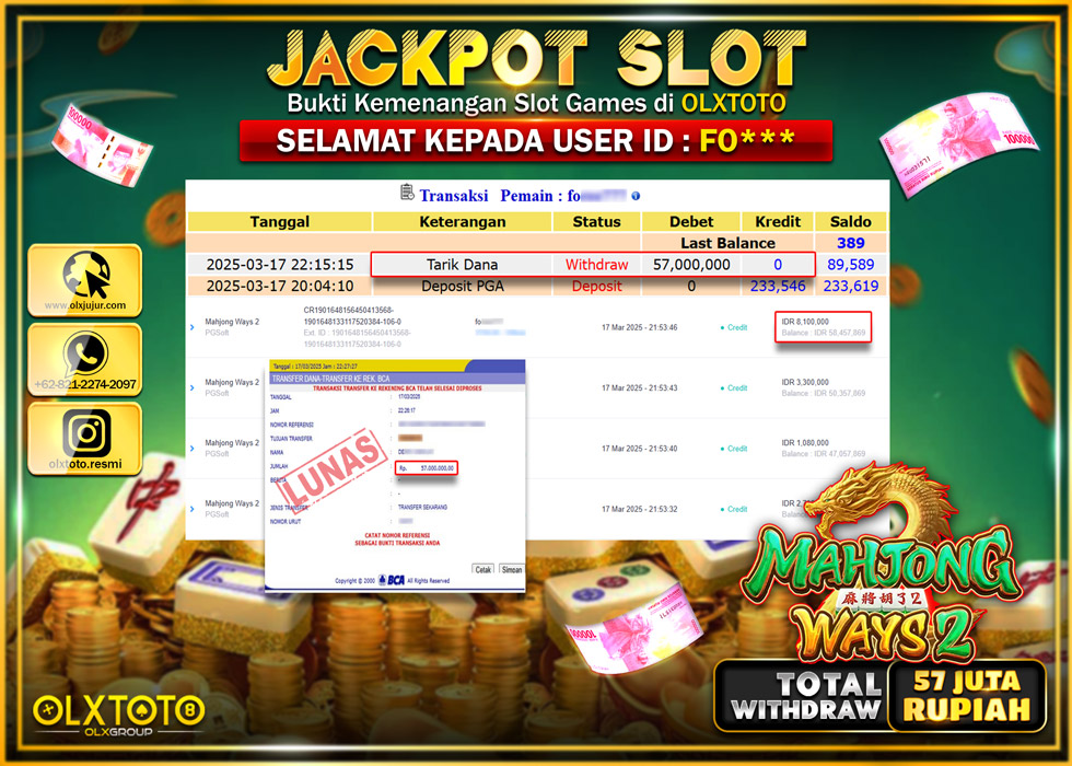 OLXTOTO JACKPOT MAHJONG WAYS 2 Rp.57.000.000.,- LUNAS