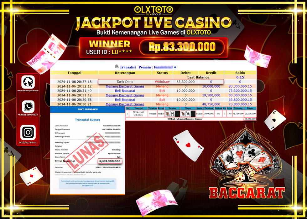 OLXTOTO JACKPOT  LIVE GAMES BACCARAT Rp.83.300.000.,- LUNAS