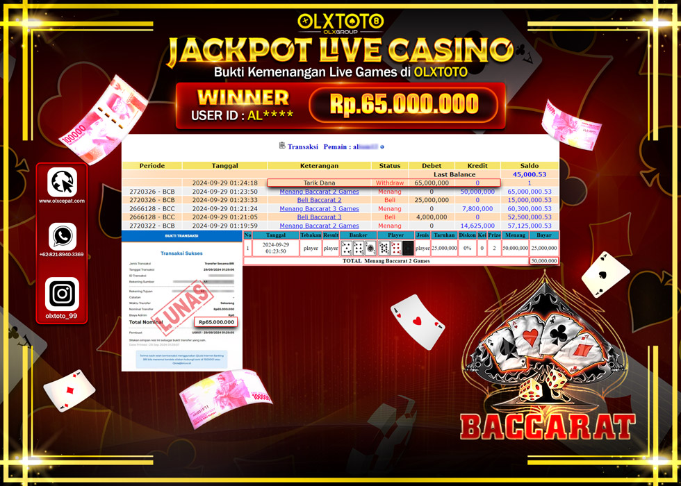 OLXTOTO JACKPOT  LIVE GAMES BACCARAT 3 Rp.65.000.000.,- LUNAS