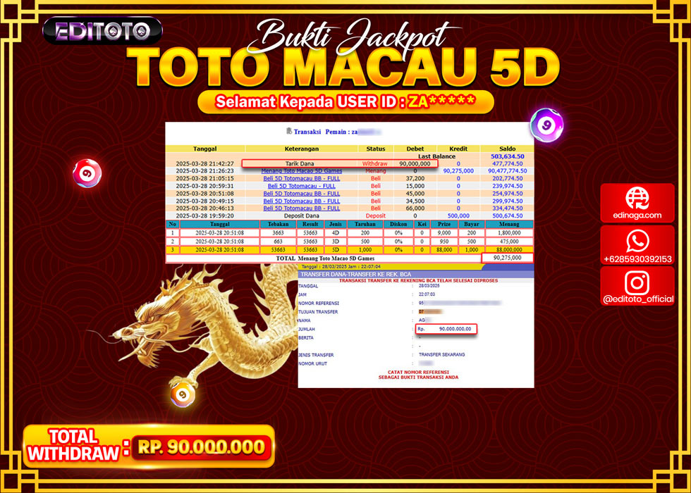JACKPOT EDITOTO TOGEL PASARAN TOTOMACAU 5D Rp.90.000.000.,- LUNAS