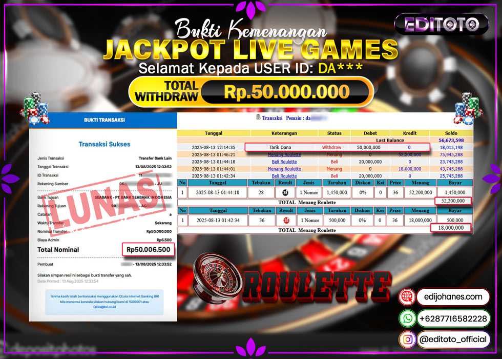 JACKPOT EDITOTO LIVE GAMES ROULETTE Rp. 50.000.000.,- LUNAS