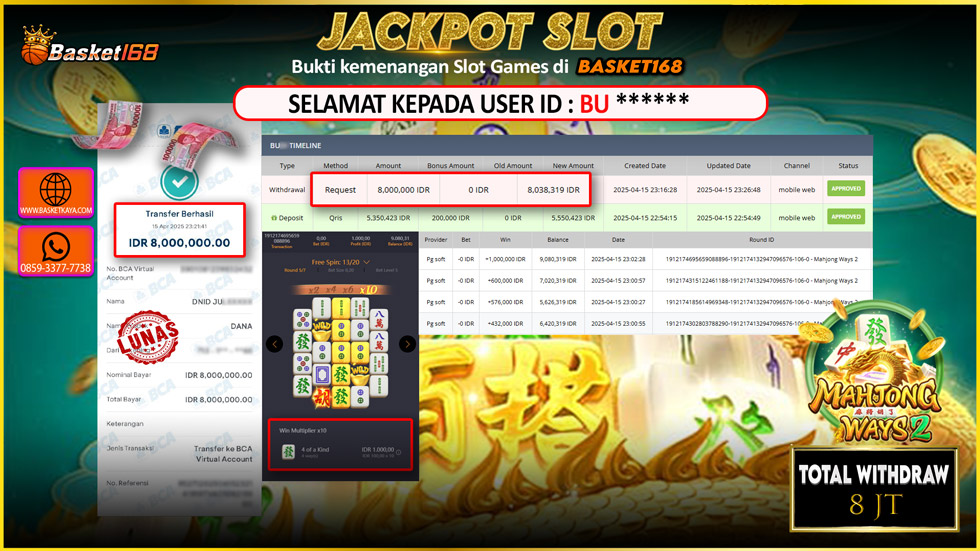 BASKET168 JACKPOT MAHJONG WAYS 2 Rp. 8.000.000,- LUNAS