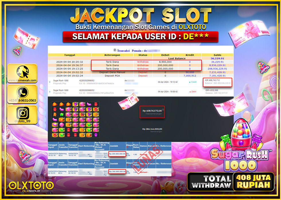 OLXTOTO JACKPOT SLOT SUGAR RUSH 1000 Rp.408.900.000.,- LUNAS