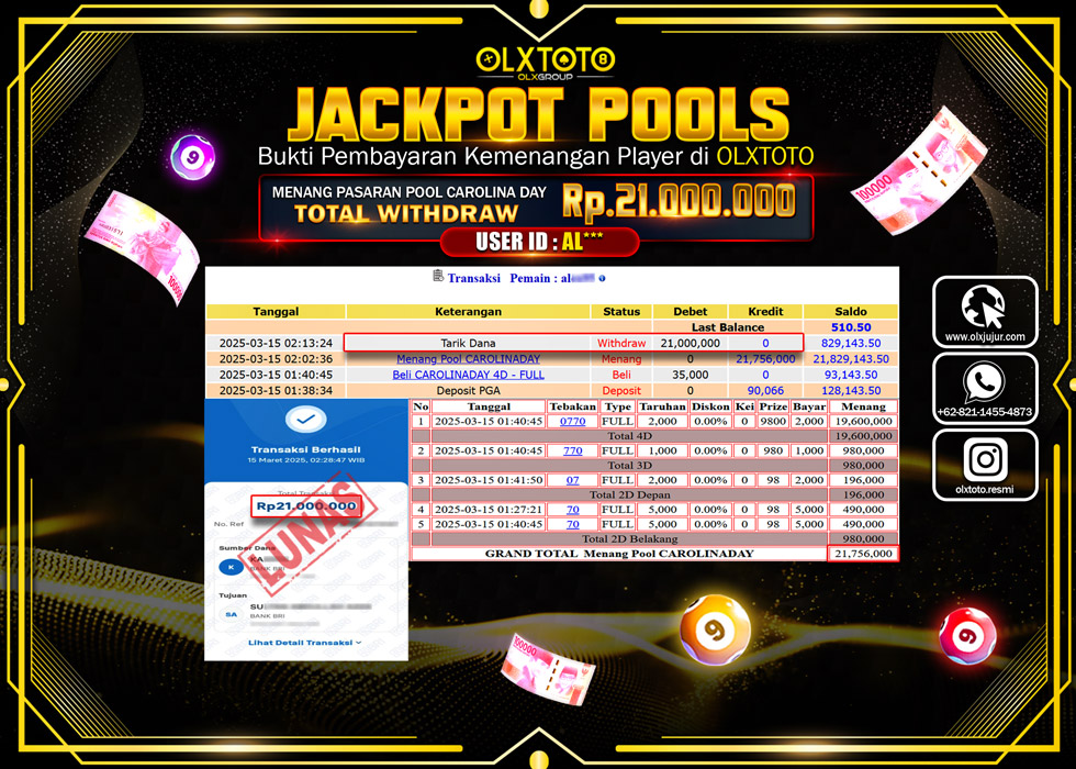OLXTOTO JACKPOT TOGEL PASARAN POOL CAROLINA DAY  Rp.21.000.000.,- LUNAS