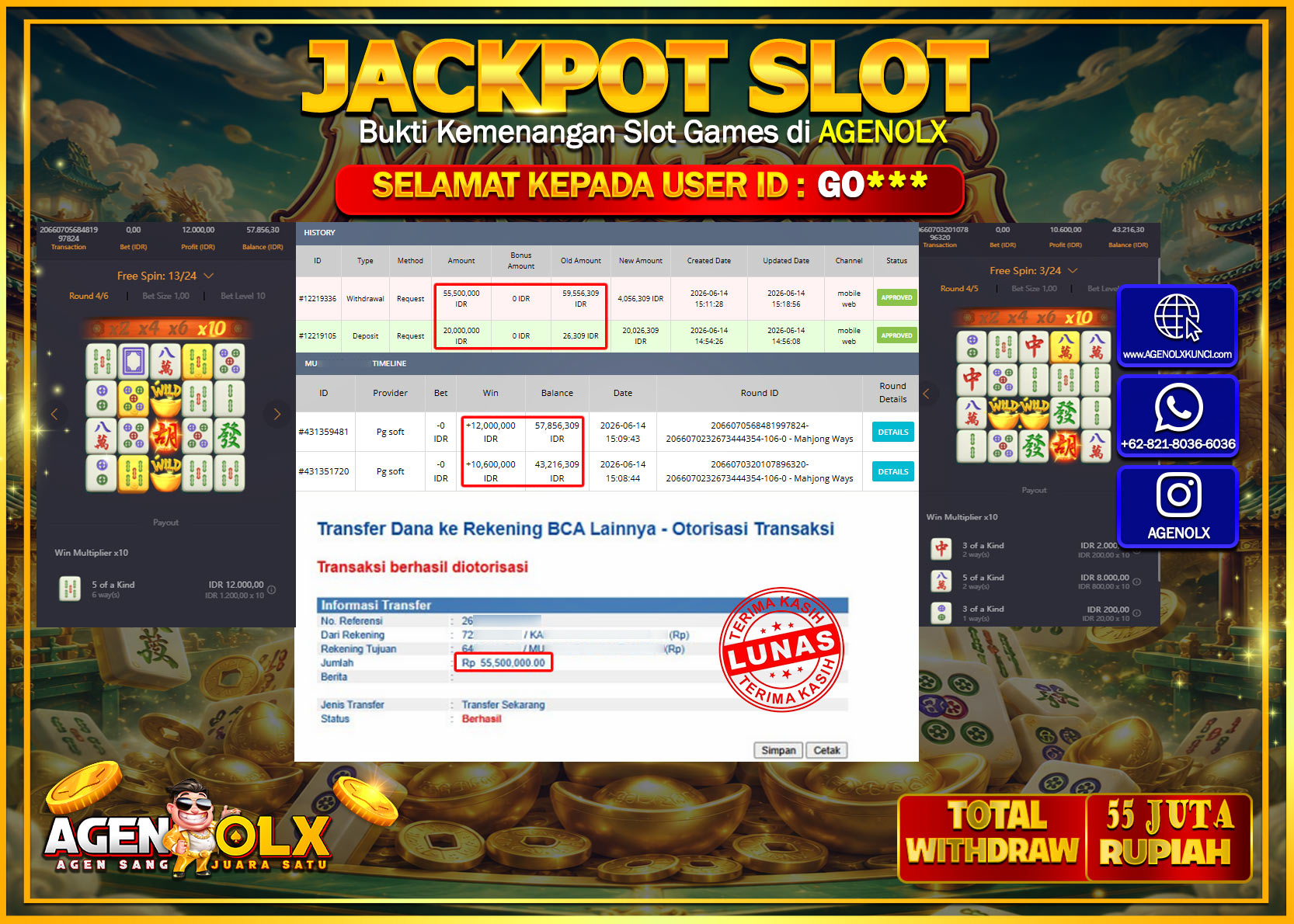 AGENOLX JACKPOT SLOT MAHJONG WAYS   Rp 55.500.000- LUNAS