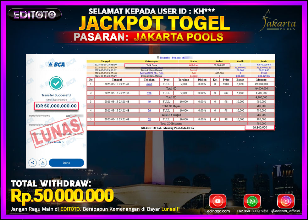 JACKPOT TOGEL PASARAN JAKARTA POOLS Rp.50.000.000.,- LUNAS