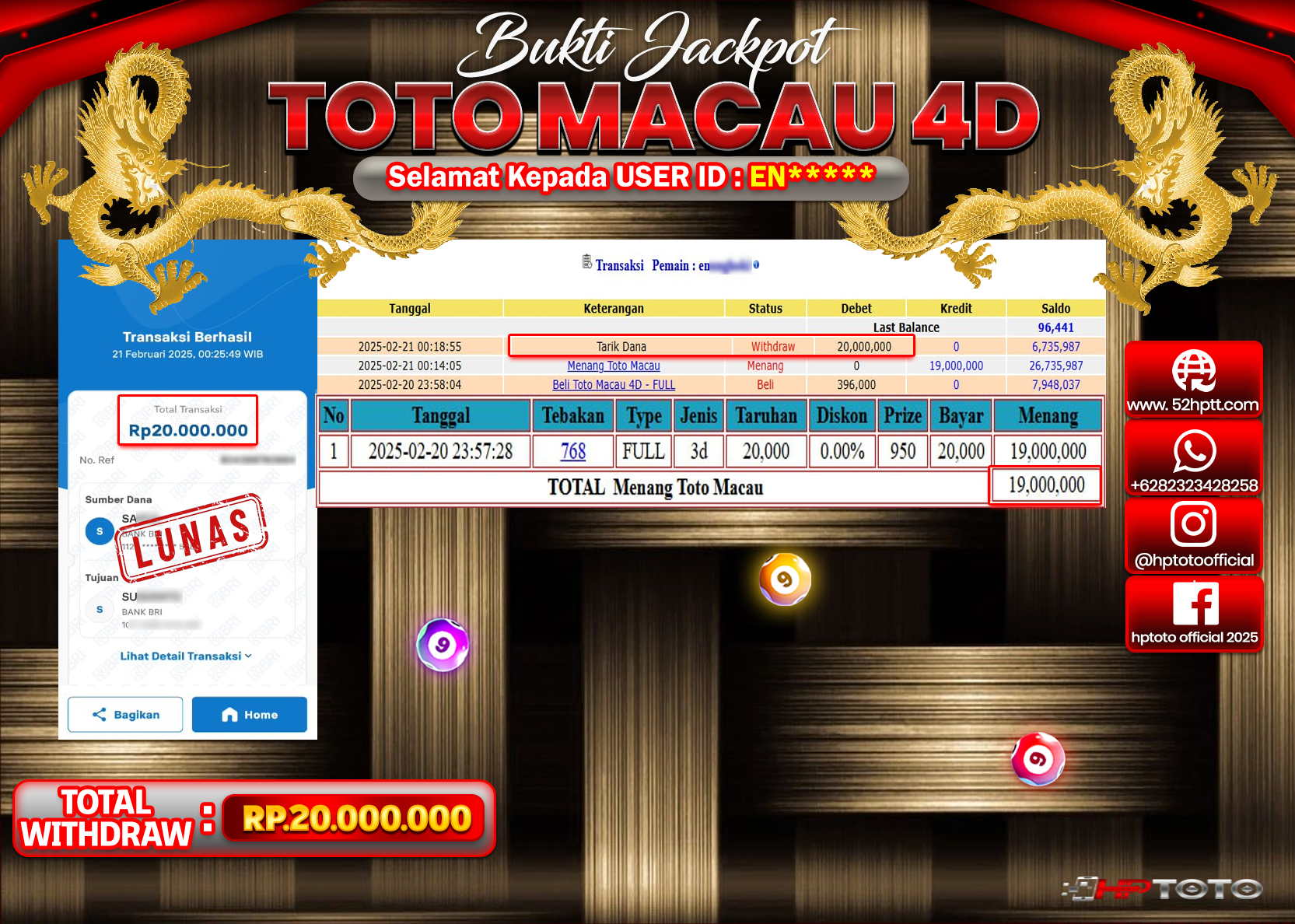HPTOTO JACKPOT TOGEL PASARAN TOTOMACAU Rp.20.000.000,- LUNAS