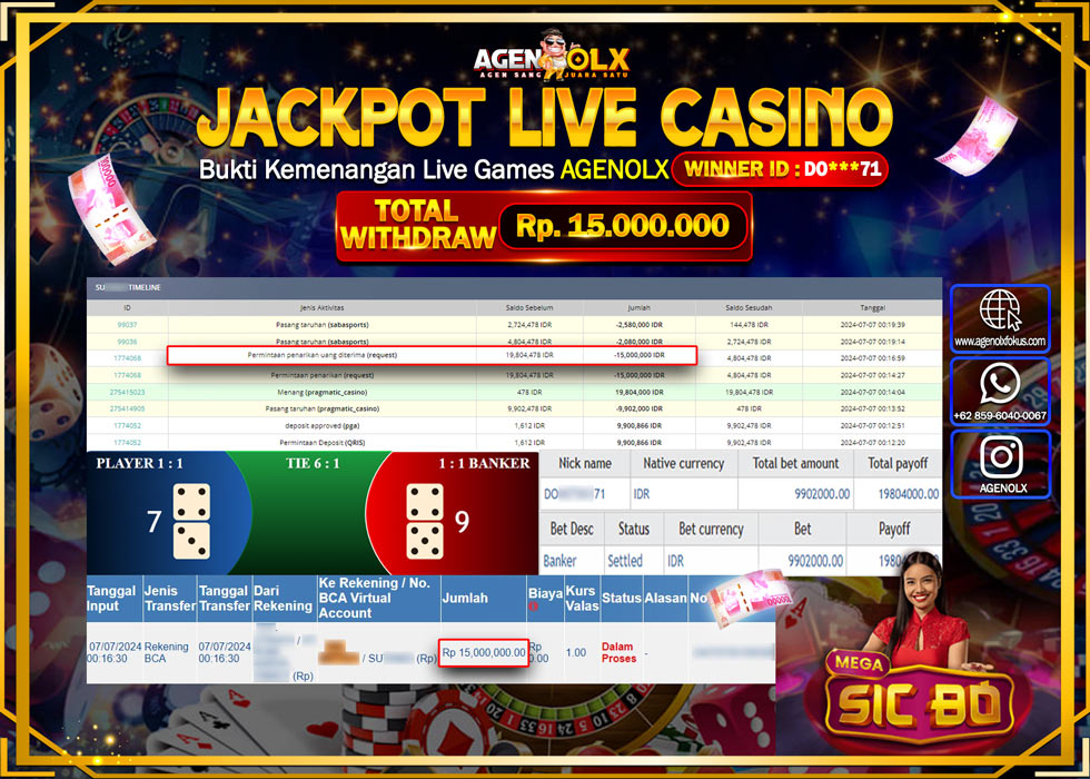 AGENOLX JACKPOT LIVE CASINO MEGA SIC BO  Rp.15.000.000,- LUNAS