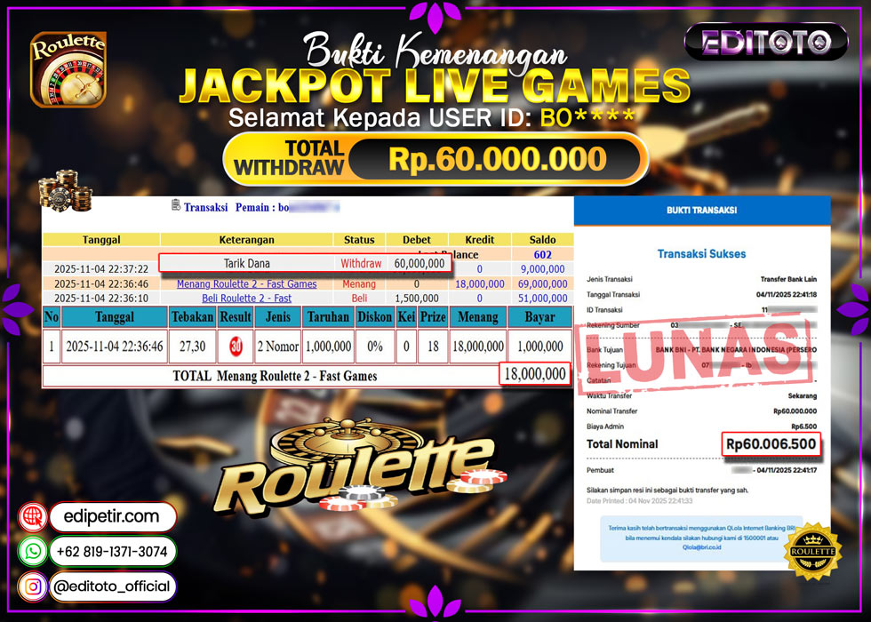 JACKPOT EDITOTO LIVE GAMES ROULETTE 2 Rp. 60.000.000.,- LUNAS