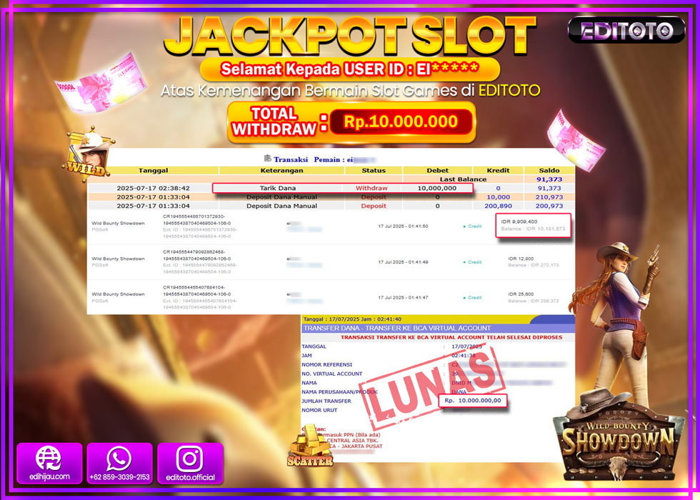 JACKPOT EDITOTO SLOT WILD BOUNTY SHOWDOWN Rp.10.000.000,- LUNAS 