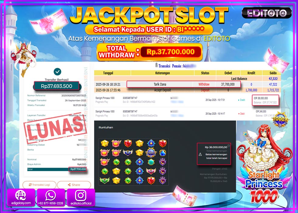 JACKPOT EDITOTO SLOT STARLIGHT PRINCESS 1000 Rp.37.700.000,- LUNAS 