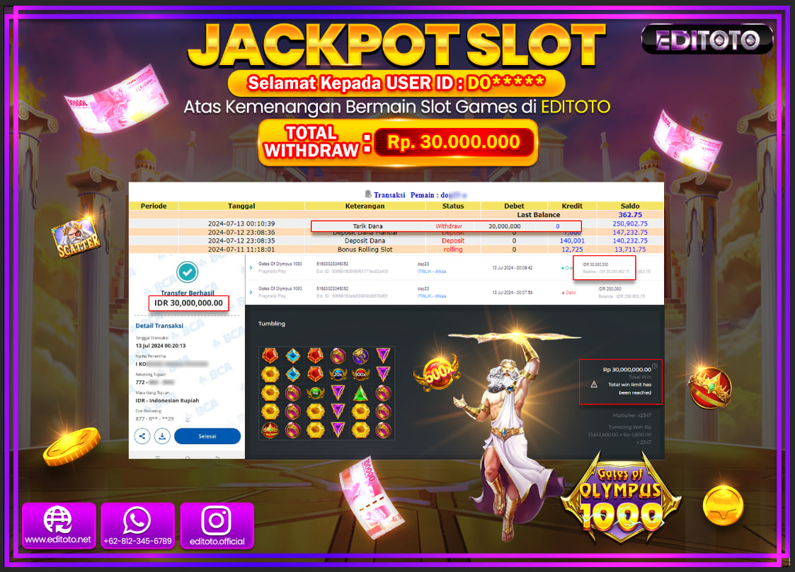 JACKPOT  SLOT EDITOTO GATES OF OLYMPUS 1000 Rp.30.000.000.,- LUNAS