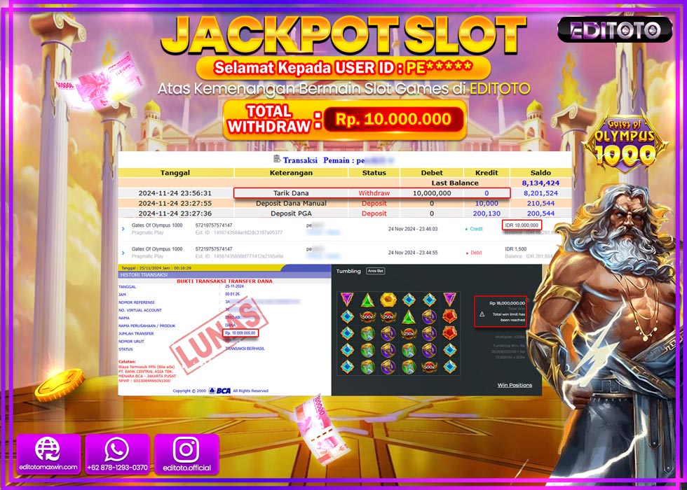 JACKPOT SLOT GATES OF OLYMPUS 1000 Rp.10.000.000.,- LUNAS