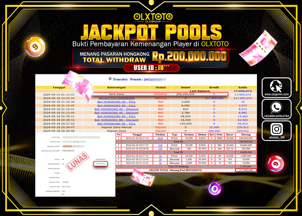 OLXTOTO JACKPOT TOGEL POOL HONGKONG  Rp.200.000.000.,- LUNAS