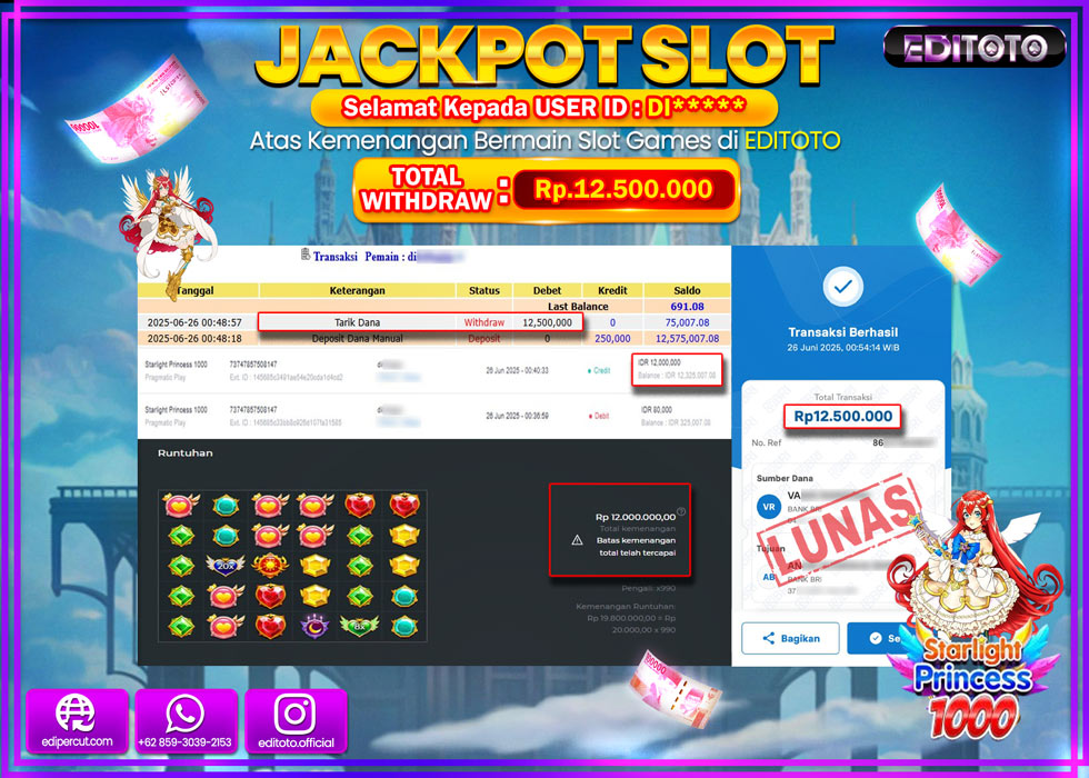 JACKPOT EDITOTO SLOT STARLIGHT PRINCESS 1000 Rp.12.500.000,- LUNAS 