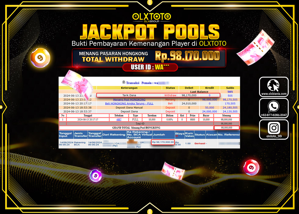 OLXTOTO JACKPOT TOGEL POOL HONGKONG   Rp.98.170.000.,- LUNAS