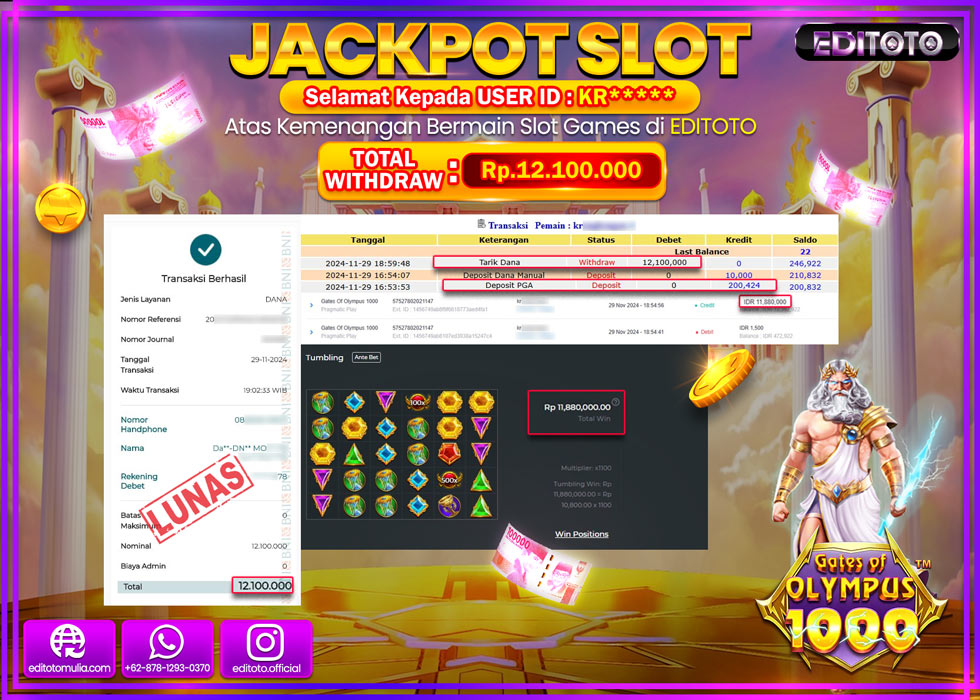 JACKPOT SLOT GATES OF OLYMPUS 1000 Rp.12.100.000.,- LUNAS