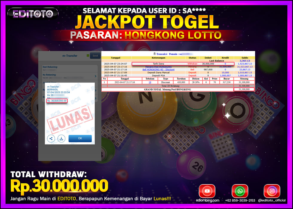 JACKPOT EDITOTO TOGEL PASARAN HONGKONG LOTTO Rp.30.000.000.,- LUNAS