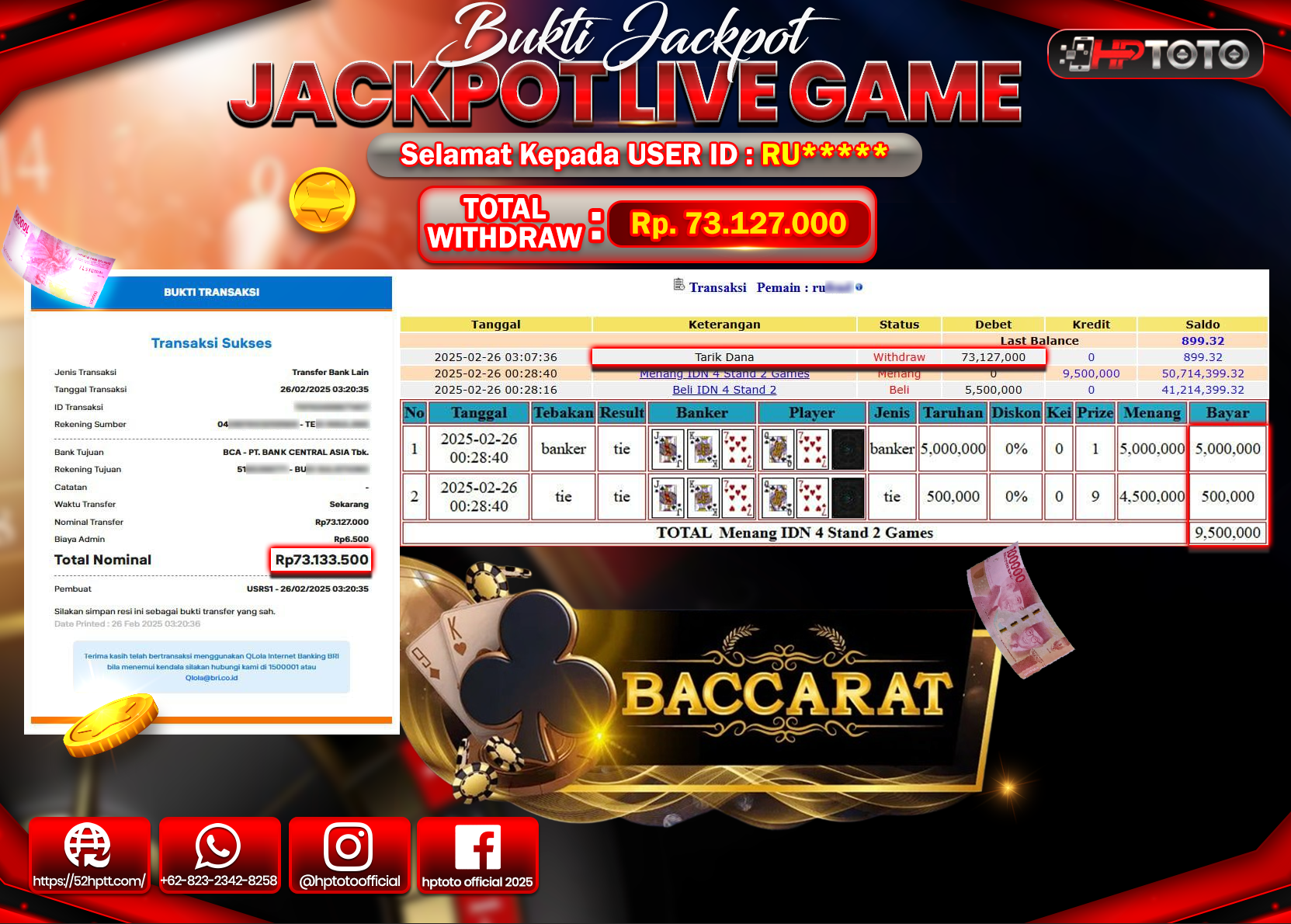 HPTOTO JACKPOT LIVEGAME BACCARAT Rp.73.127.000,- LUNAS