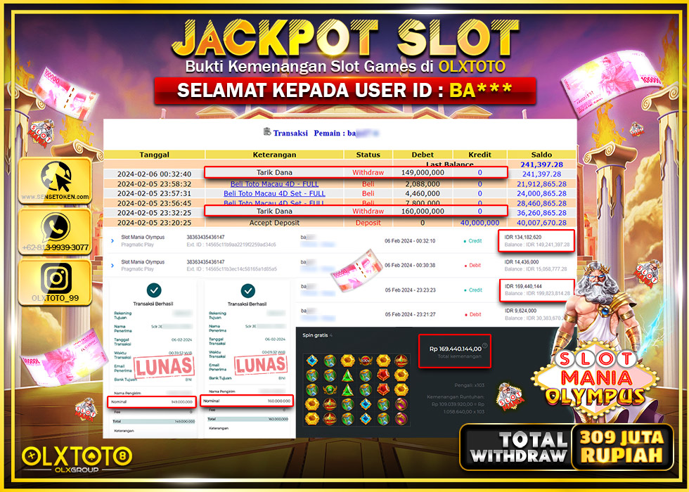 OLXTOTO JACKPOT SLOT MANIA OLYMPUS  Rp.309.000.000.,- LUNAS