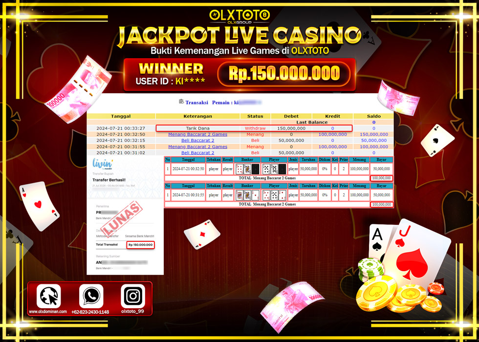 OLXTOTO JACKPOT  LIVE GAMES BACCARAT 2  Rp.150.000.000.,- LUNAS