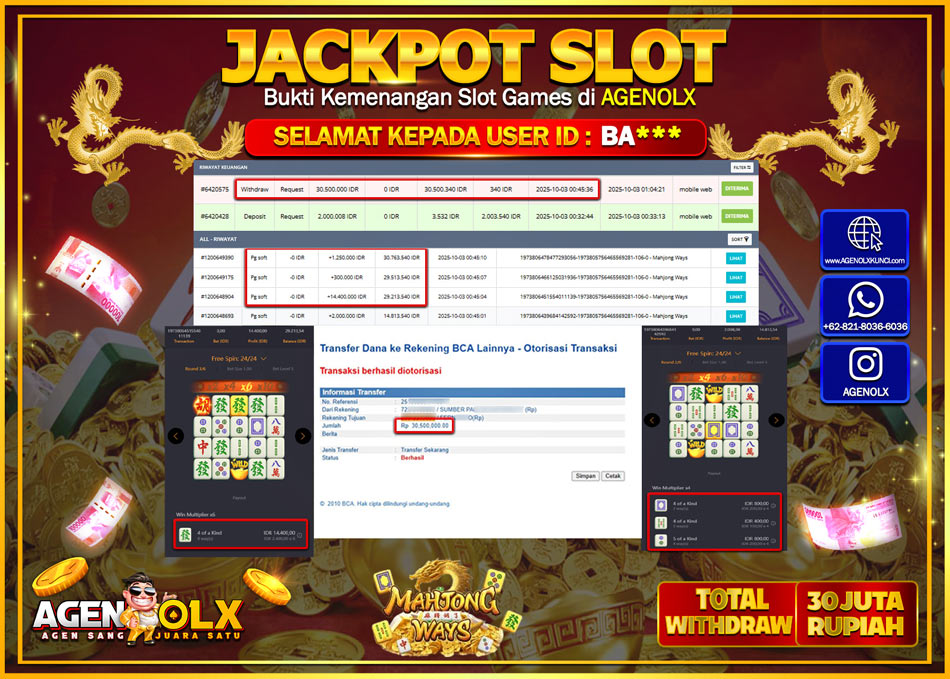 AGENOLX JACKPOT SLOT MAHJONG WAYS Rp 30,000,000,- LUNAS