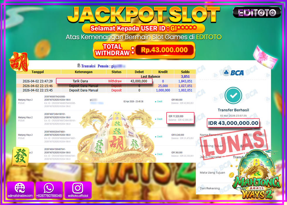 JACKPOT EDITOTO SLOT MAHJONG WAYS 2 Rp.43.000.000,- LUNAS