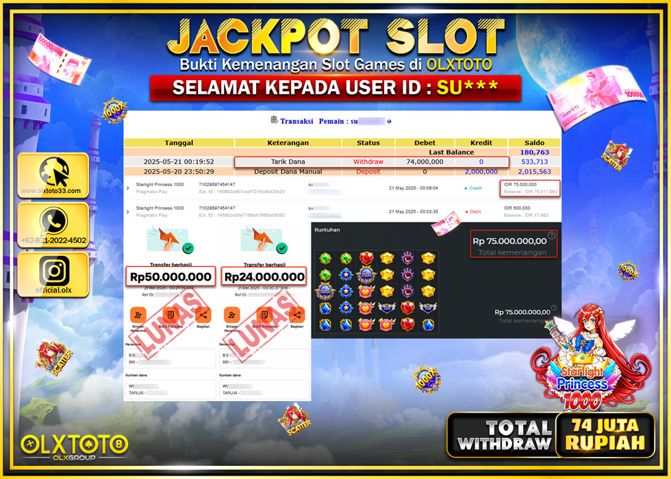 BINTANGSLOT77 JACKPOT SLOT STARLIGHT PRINCESS 1000  Rp.74.000.000.,- LUNAS