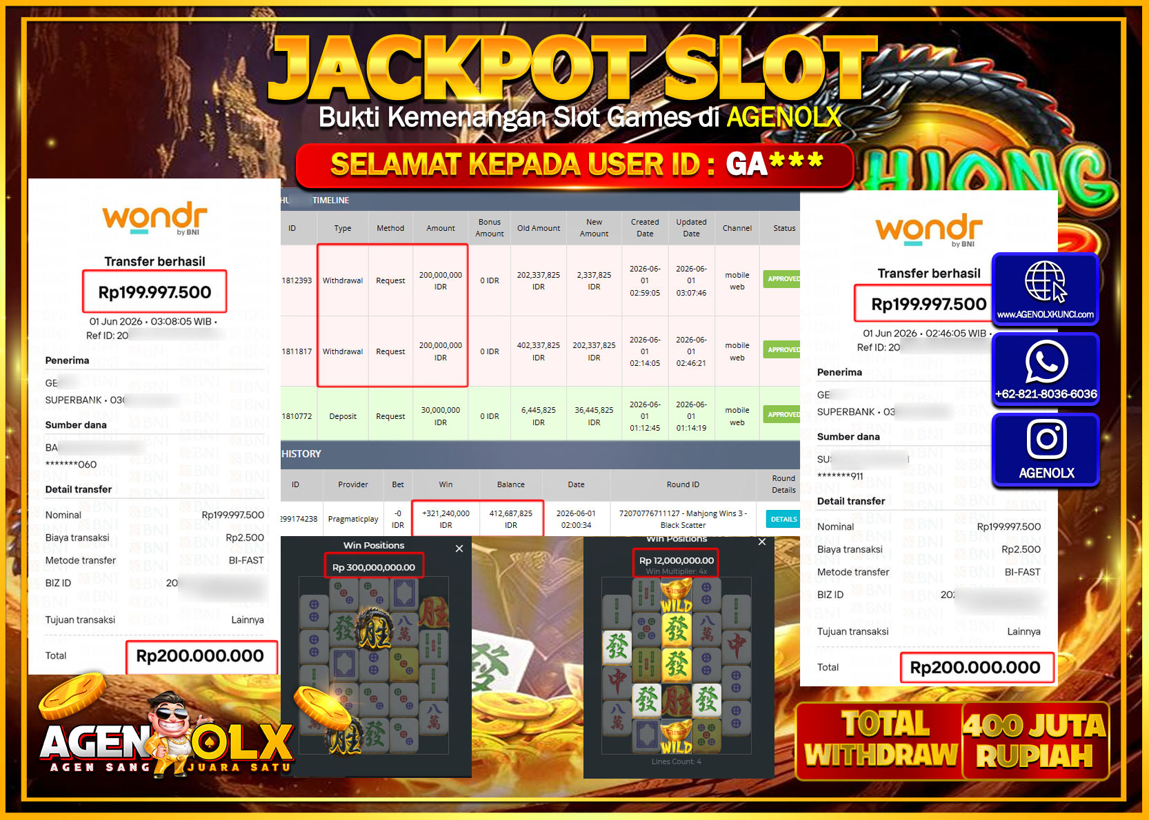 AGENOLX JACKPOT SLOT MAHJONG WINS 3 - BLACK SCATTER  Rp 400.000.000 - LUNAS
