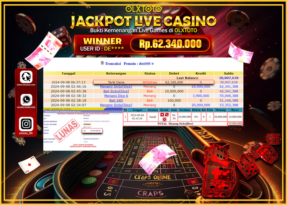 OLXTOTO JACKPOT  LIVE GAMES SICBO [DICE] Rp.62.340.000.,- LUNAS