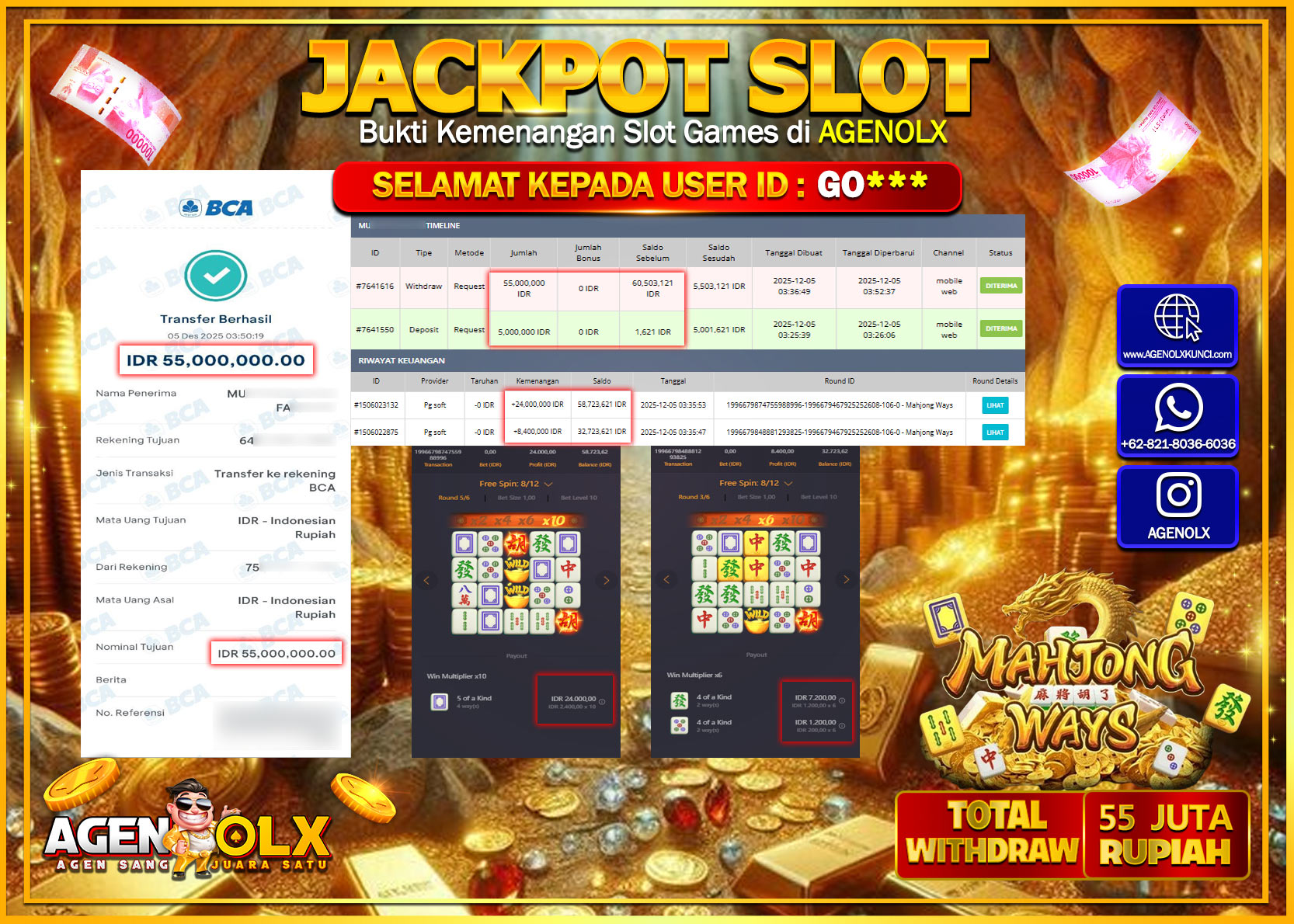 AGENOLX JACKPOT SLOT MAHJONG WAYS  Rp 55,000,000,- LUNAS