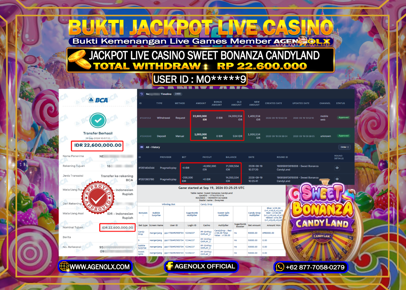 AGENOLX JACKPOT LIVE CASINO - SWEET BONANZA CANDYLAND  -  RP 22,600,000 - LUNAS
