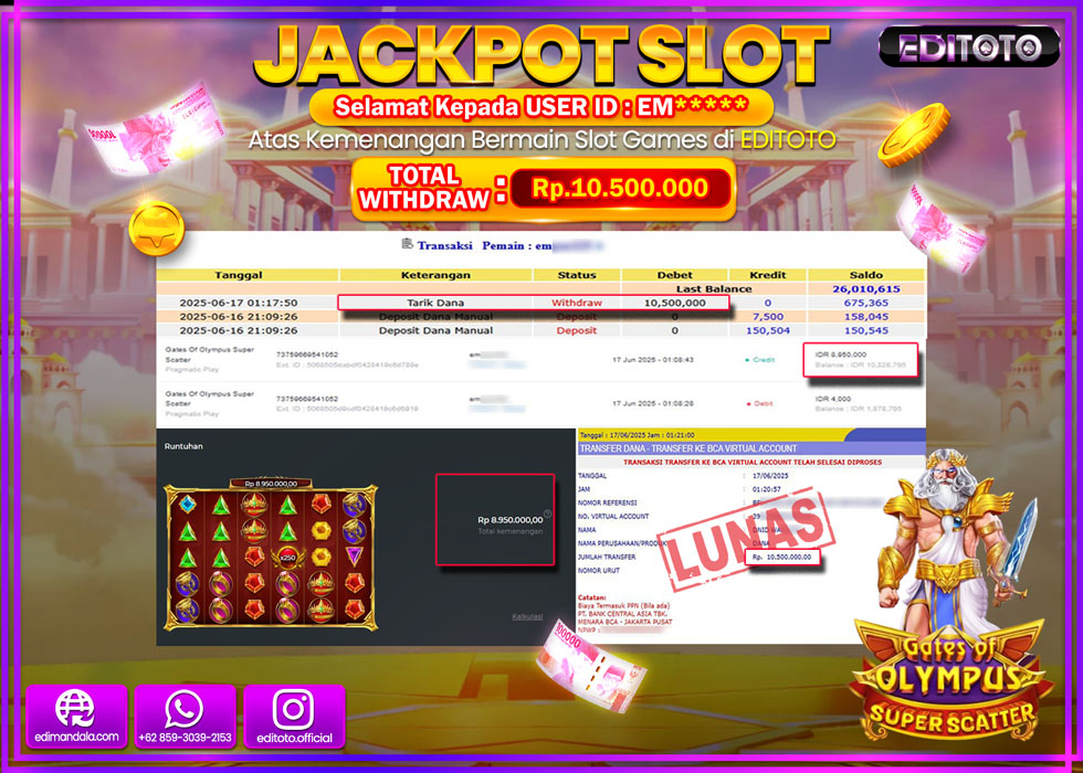 JACKPOT EDITOTO SLOT GATES OF OLYMPUS SUPER SCATER Rp.10.500.000,- LUNAS
