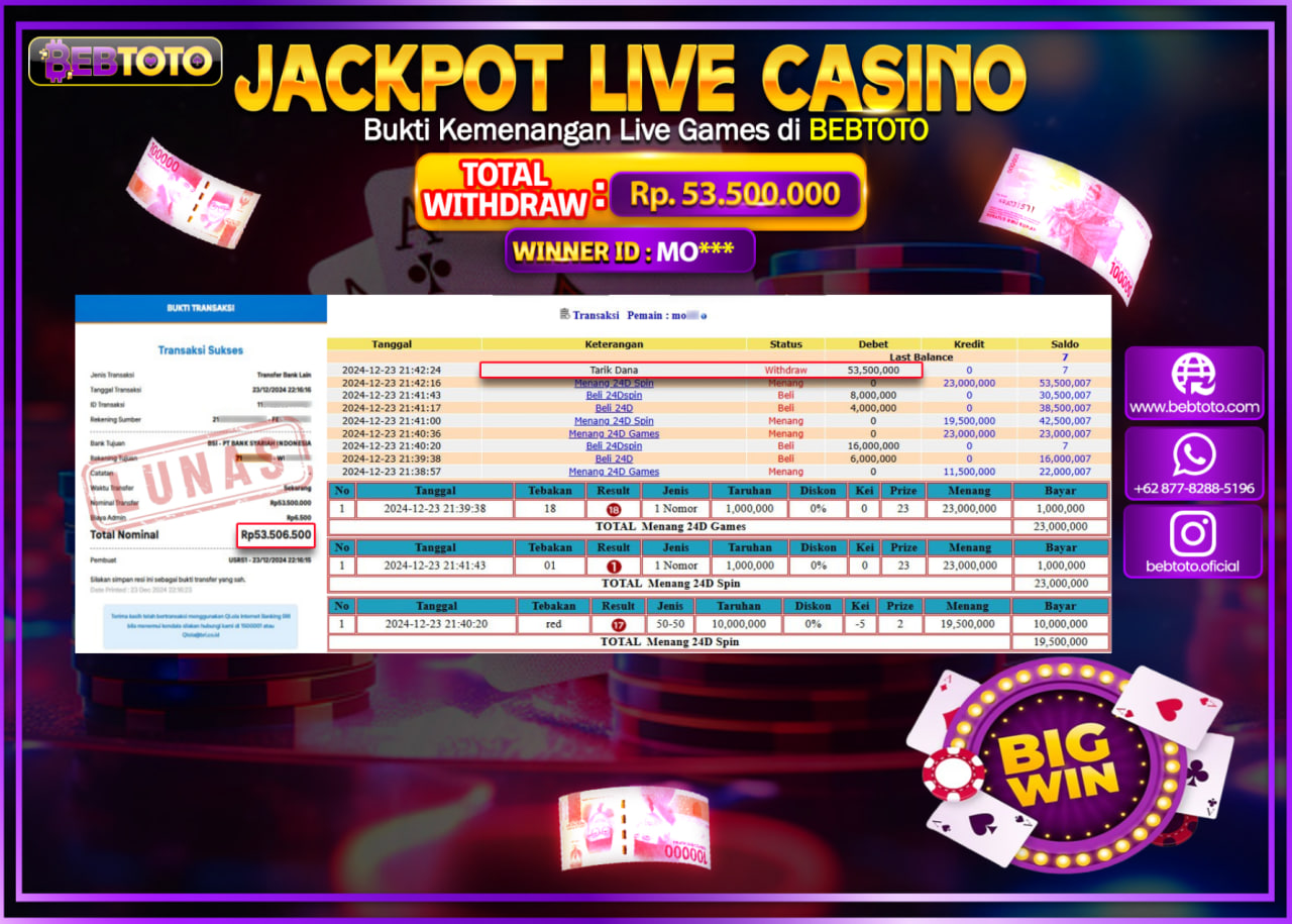 JACKPOT LIVE CASINO BEBTOTO 24D SPIN Rp.53,500,000.,- LUNAS