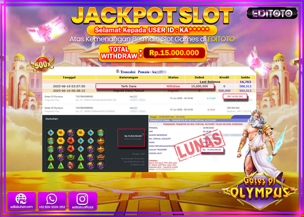 JACKPOT EDITOTO SLOT GATES OF OLYMPUS Rp.15.000.000,- LUNAS