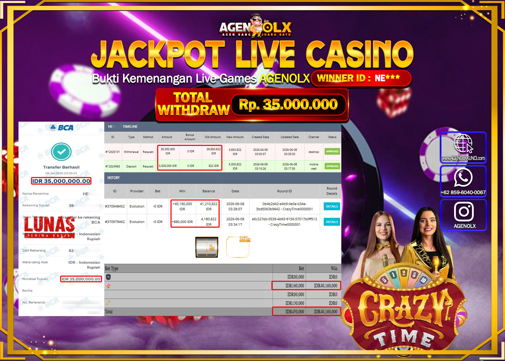 AGENOLX JACKPOT LIVE CASINO CRAZY TIME Rp 35.000.0000- LUNAS