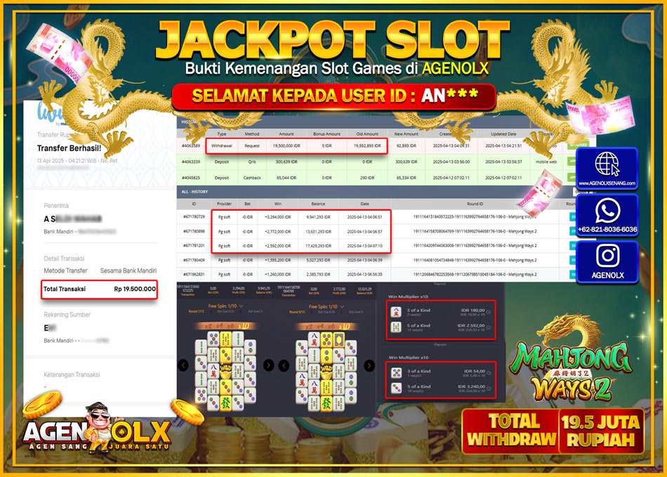AGENOLX JACKPOT SLOT MAHJONG WAYS 2  Rp 19.500.000,- LUNAS