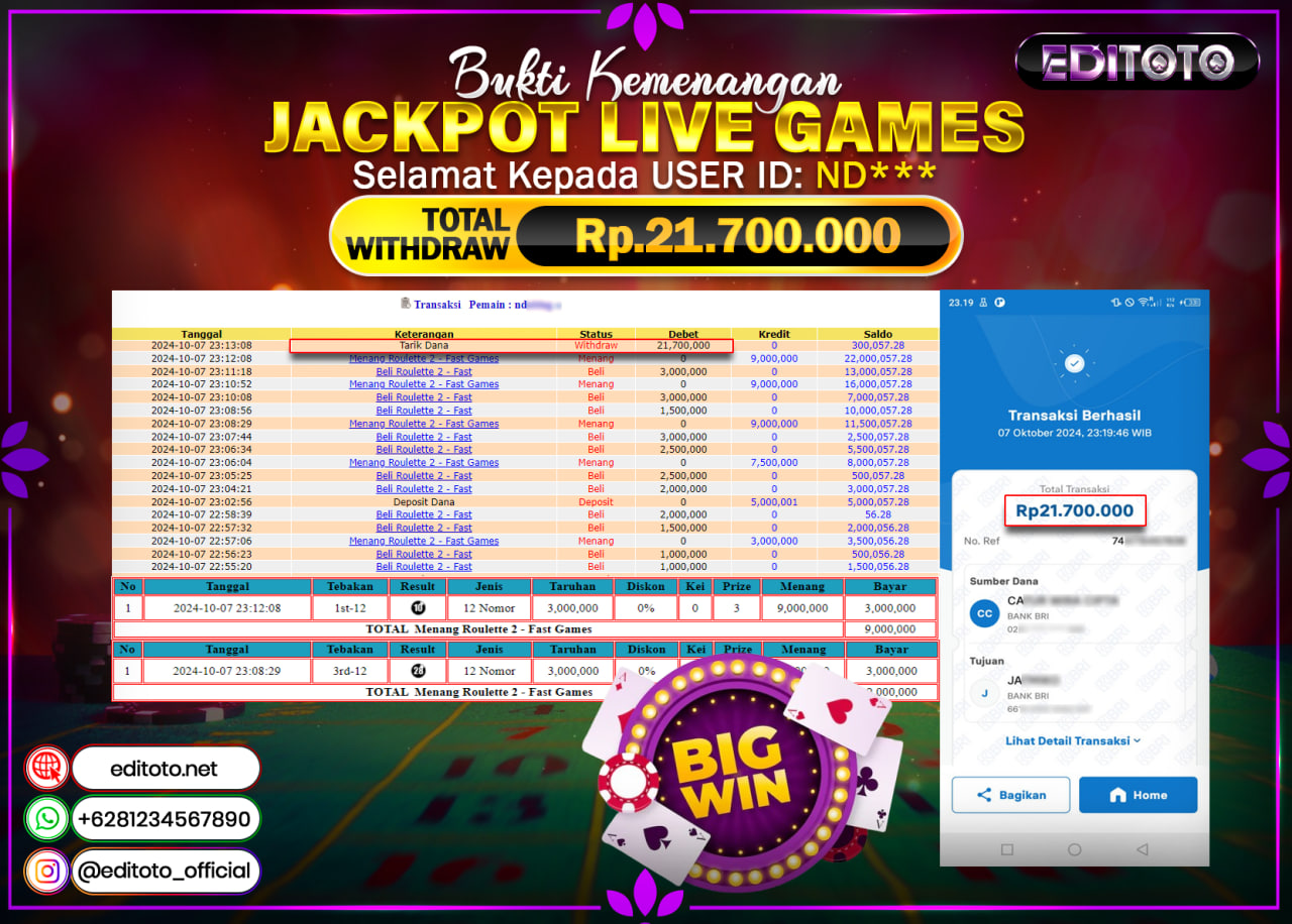 JACKPOT LIVE GAME ROULETTE Rp.21.700.000.,- LUNAS
