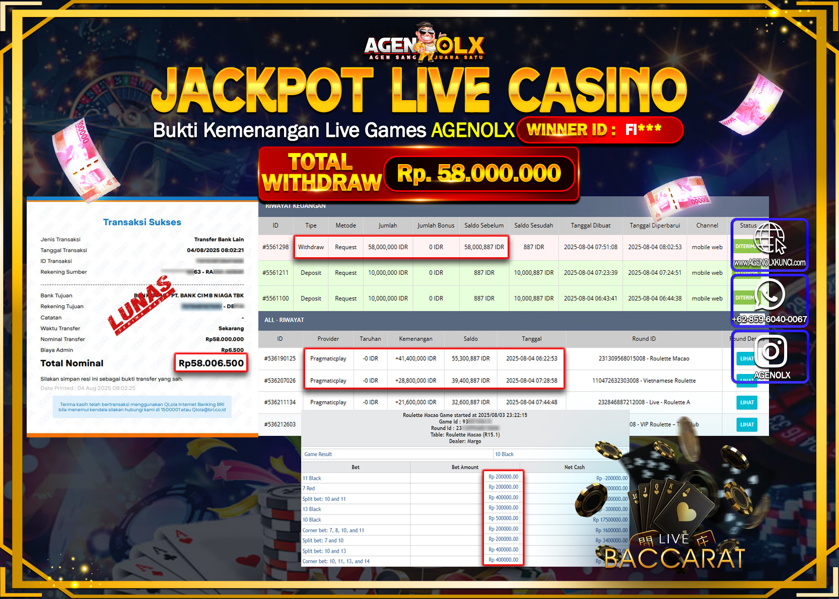 AGENOLX JACKPOT LIVE CASSINO ROULATTE  MACAO Rp 58.000.000,- LUNAS