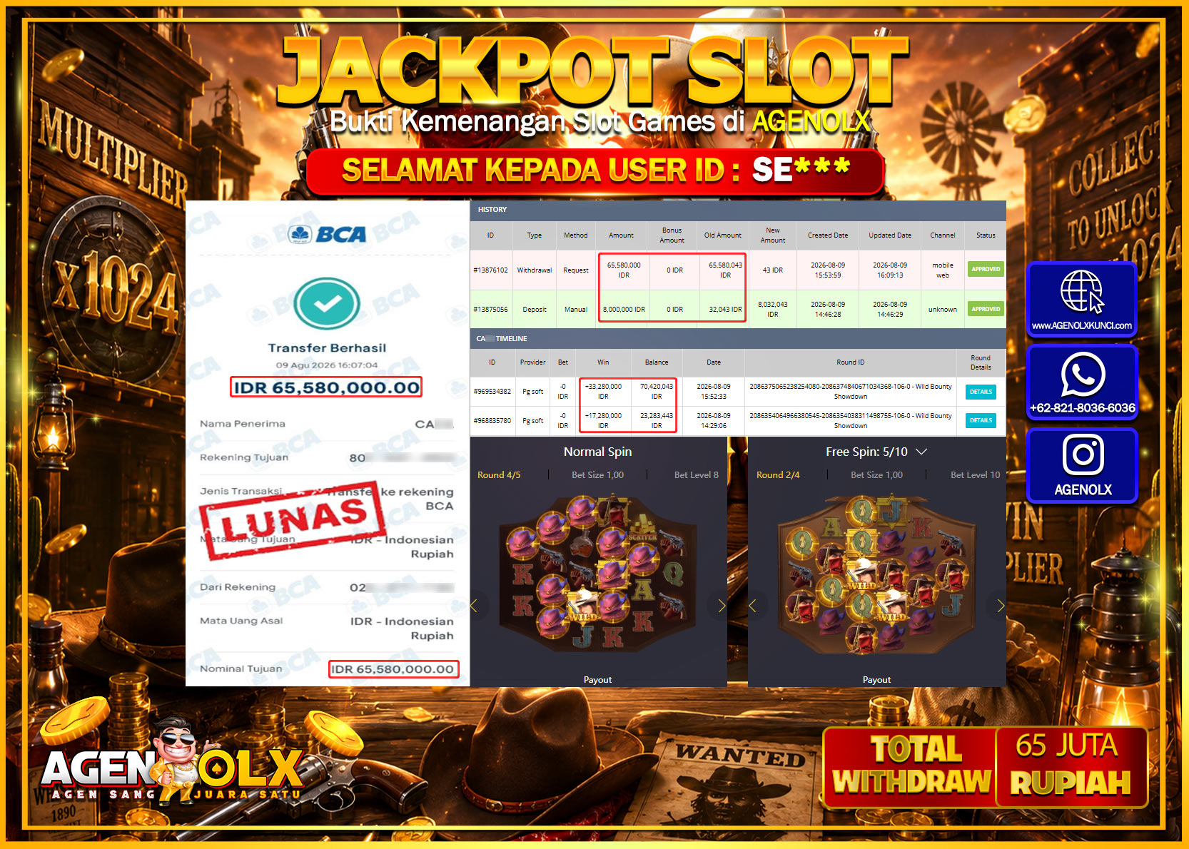 AGENOLX JACKPOT SLOT  WILD BOUNTY SHOWDOWN Rp 65.580.000 -LUNAS