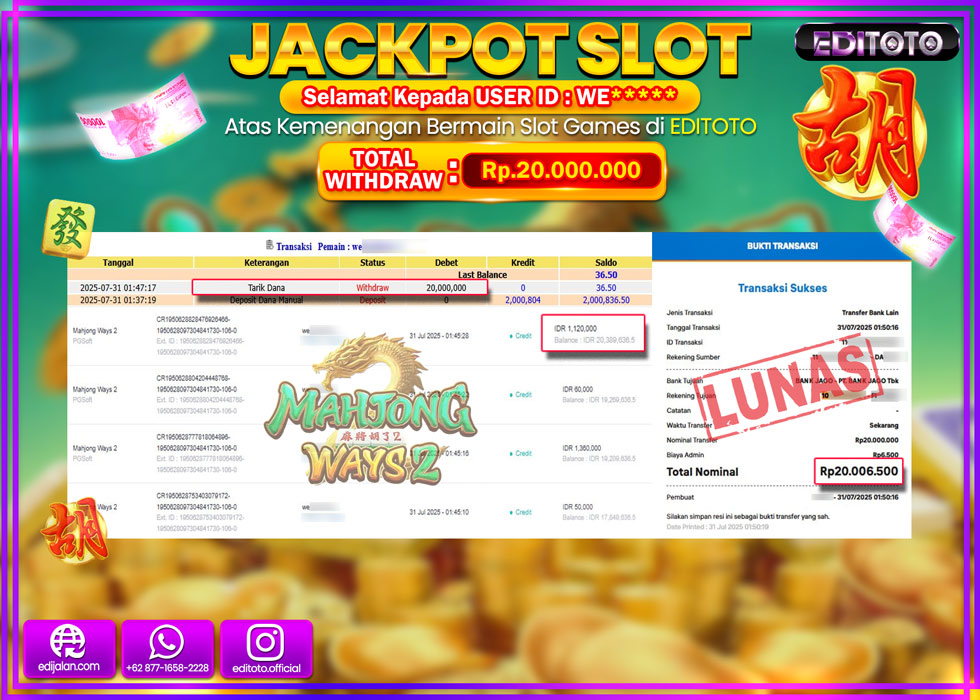JACKPOT EDITOTO SLOT MAHJONG WAYS Rp.20.000.000,- LUNAS 