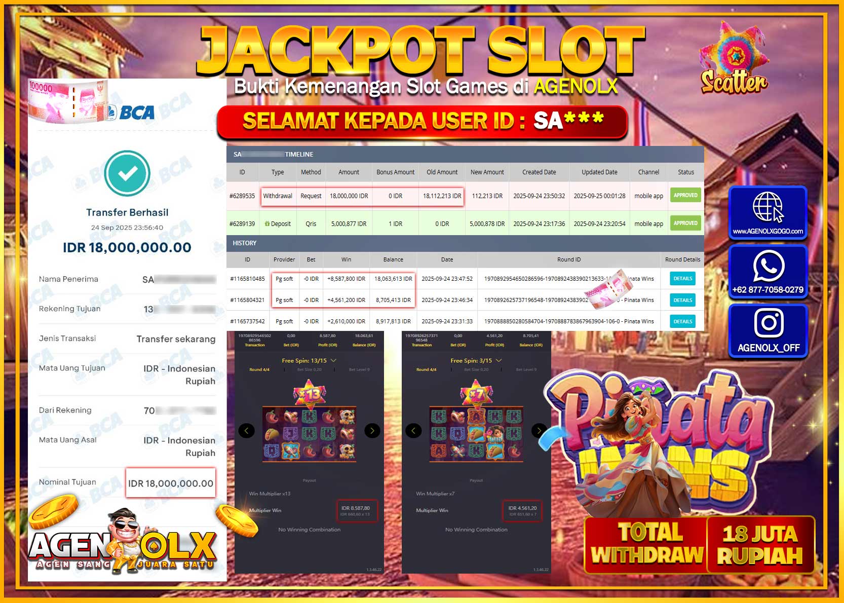 AGENOLX JACKPOT SLOT PINATA WINS Rp 18,000,000,- LUNAS