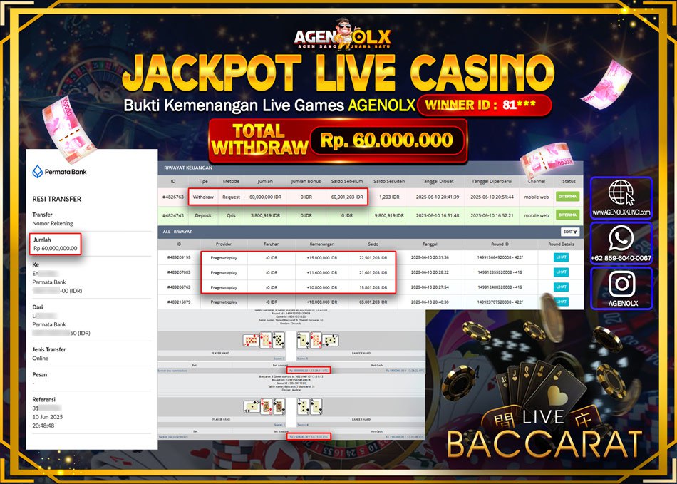 AGENOLX JACKPOT LIVE CASSINNO Rp 60.000.000,- LUNAS