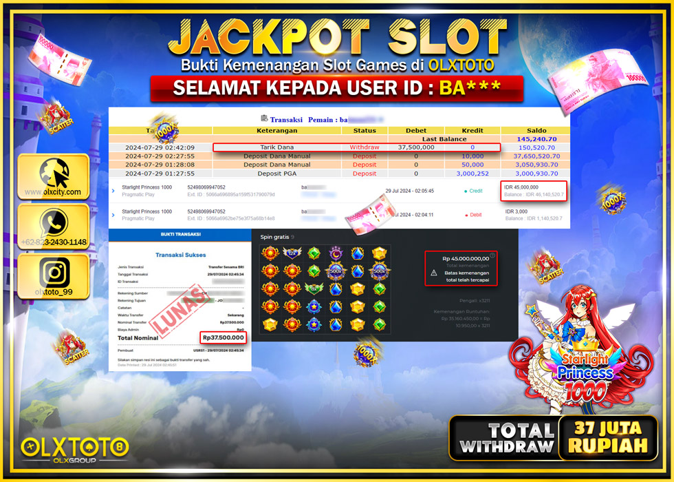 OLXTOTO JACKPOT  SLOT STARLIGHT PRINCESS 1000 Rp.37.500.000.,- LUNAS