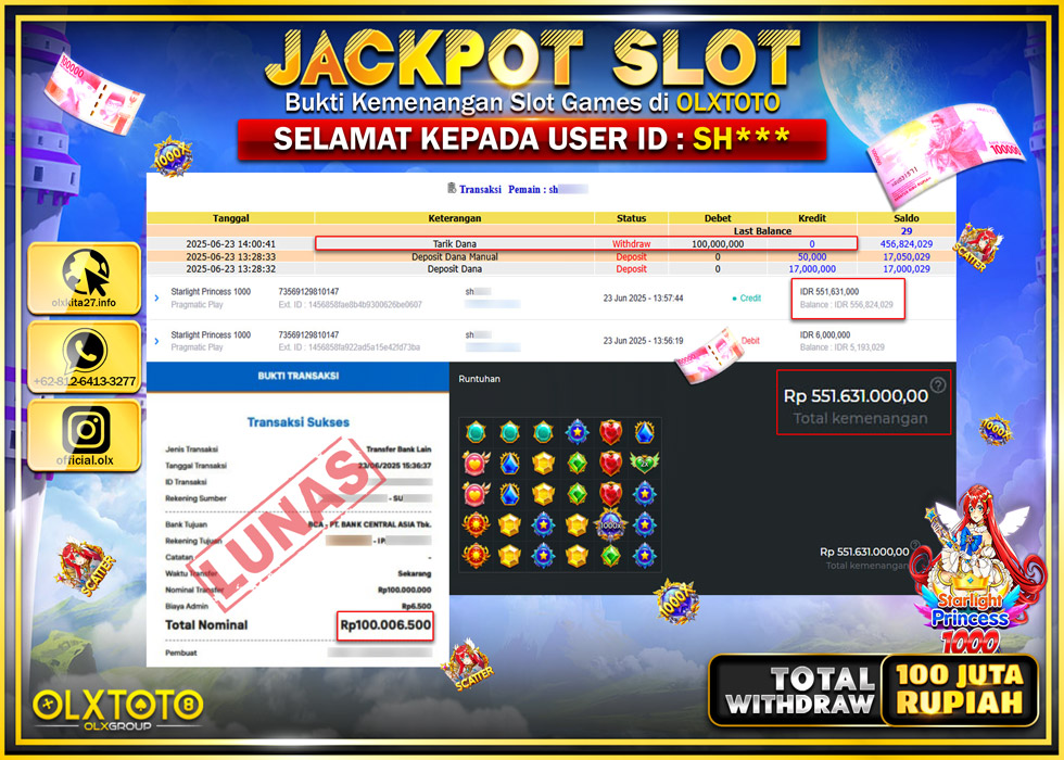 BONDAN69 JACKPOT SLOT STARLIGHT PRINCESS 1000  Rp.100.000.000.,- LUNAS
