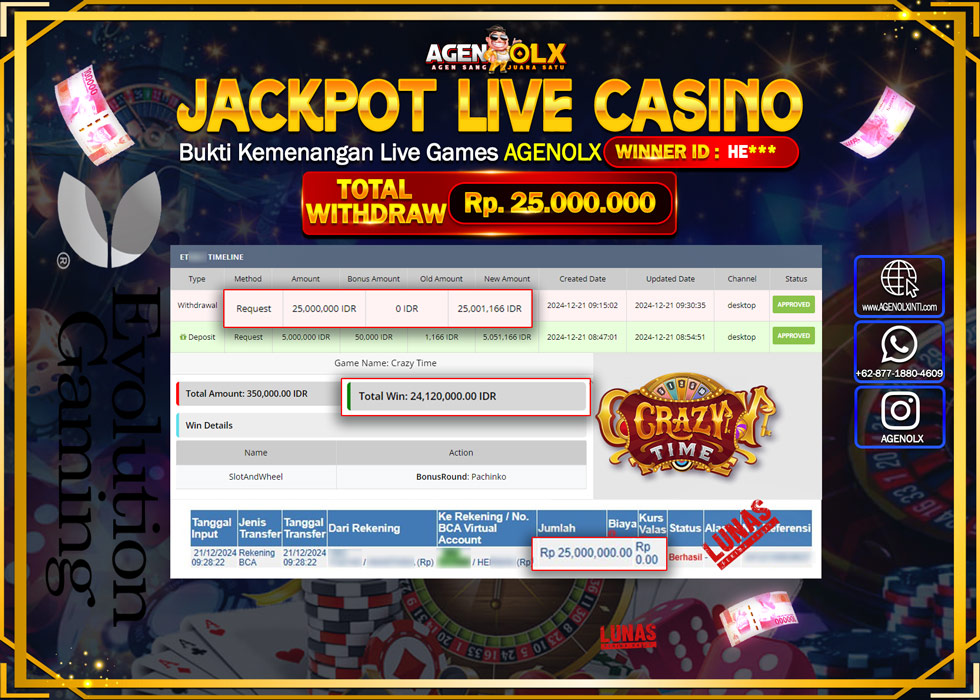 AGENOLX JACKPOT LIVE GAMES CRAZY TIME Rp 25.000.000,- LUNAS