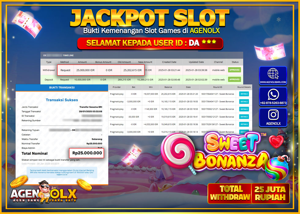 AGENOLX JACKPOT SLOT SWEET BONANZA Rp 20.000.000,- LUNAS