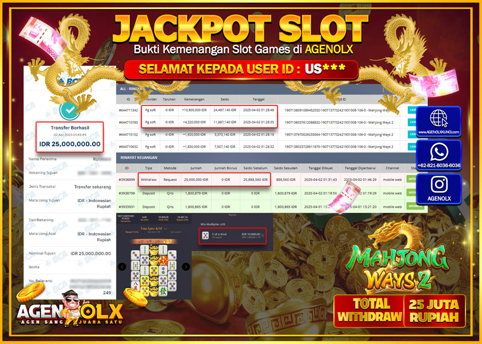 AGENOLX JACKPOT SLOT  MAHJONG WAYS 2  Rp 25.000.000,- LUNAS